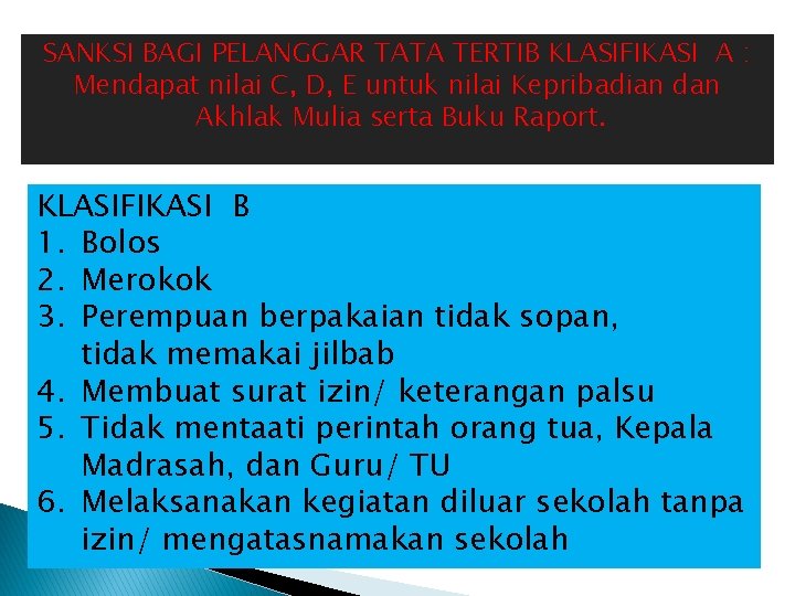 SANKSI BAGI PELANGGAR TATA TERTIB KLASIFIKASI A : Mendapat nilai C, D, E untuk