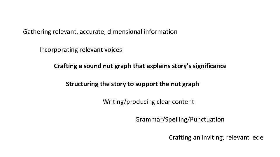 Gathering relevant, accurate, dimensional information Incorporating relevant voices Crafting a sound nut graph that