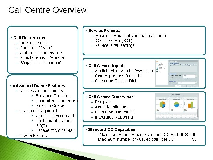 Call Centre Overview • Call Distribution – Linear – “Fixed” – Circular – “Cyclic”
