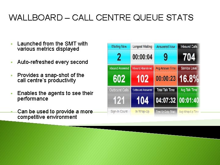 WALLBOARD – CALL CENTRE QUEUE STATS § Launched from the SMT with various metrics
