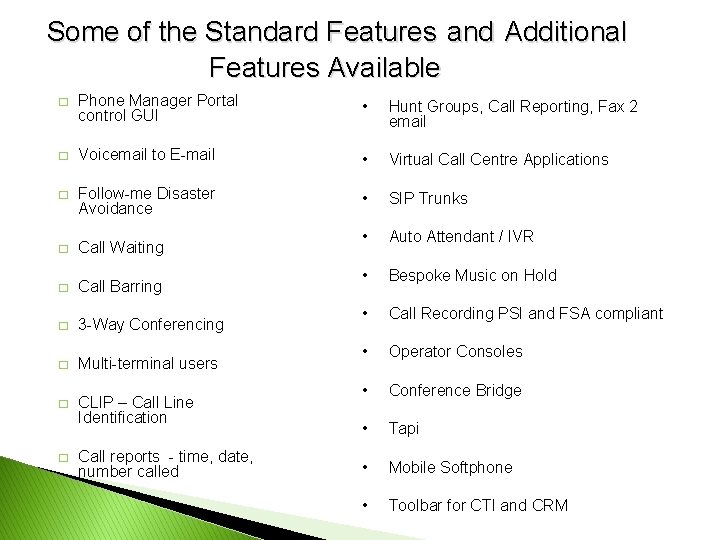 Some of the Standard Features and Additional Features Available � Phone Manager Portal control