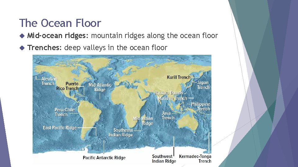 The Ocean Floor Mid-ocean ridges: mountain ridges along the ocean floor Trenches: deep valleys