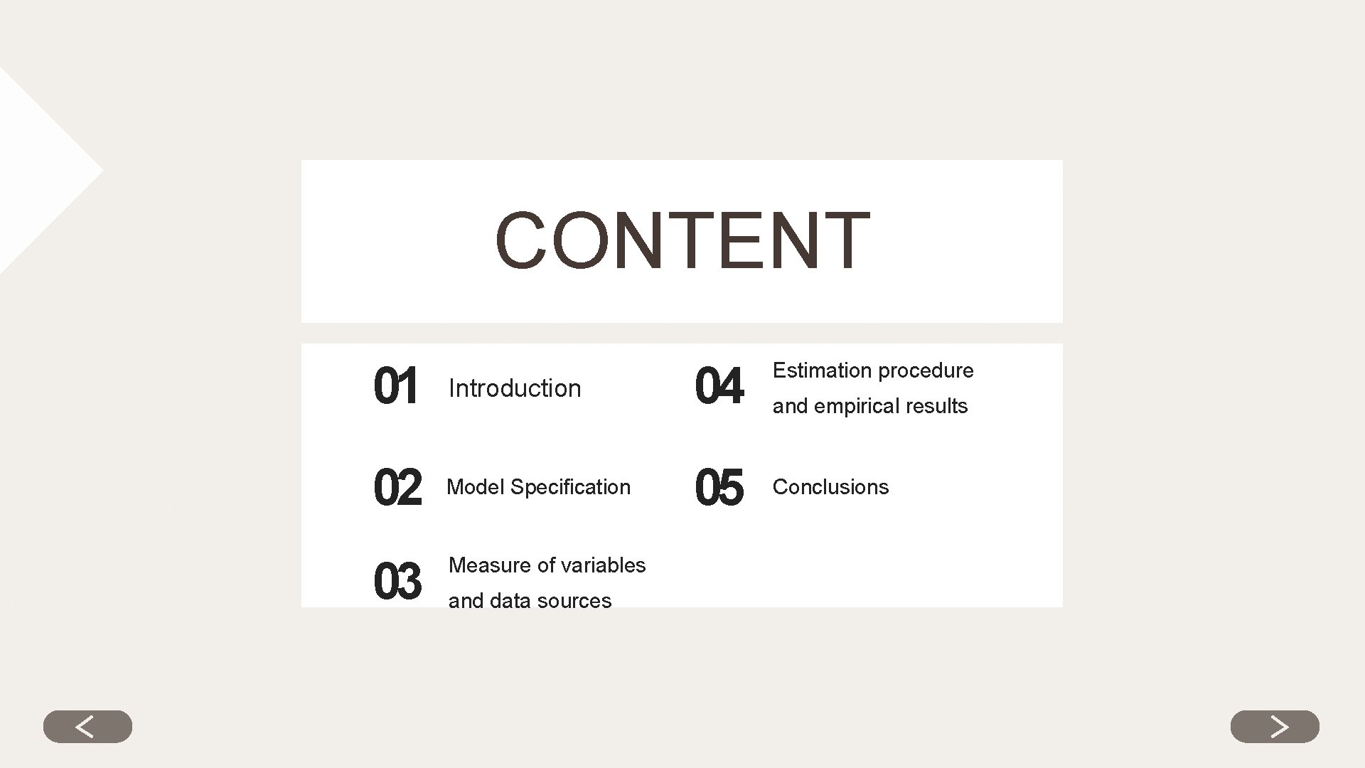 CONTENT 01 Introduction 04 02 Model Specification 05 03 Measure of variables and data