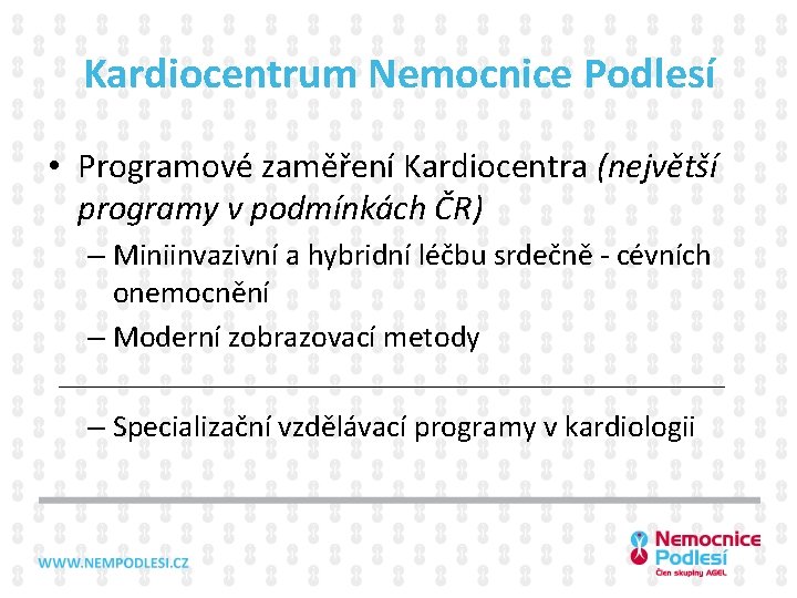 Kardiocentrum Nemocnice Podlesí • Programové zaměření Kardiocentra (největší programy v podmínkách ČR) – Miniinvazivní