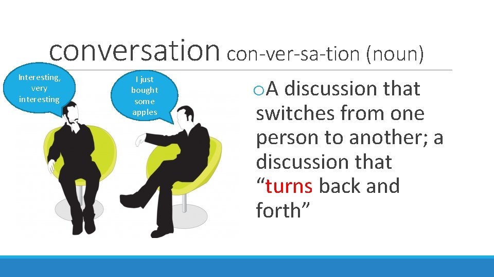 conversation con-ver-sa-tion (noun) Interesting, very interesting I just bought some apples o. A discussion