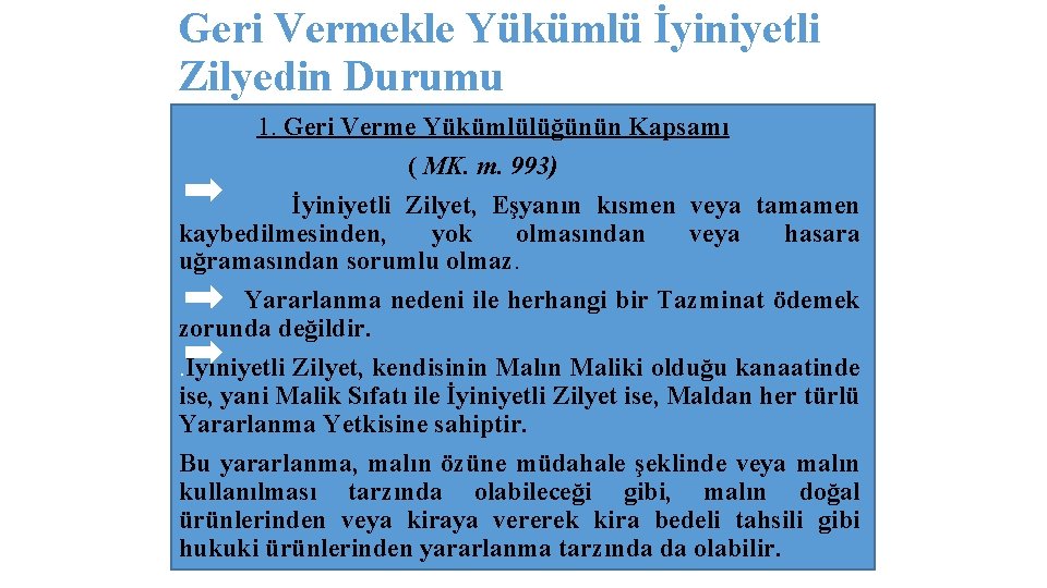 Geri Vermekle Yükümlü İyiniyetli Zilyedin Durumu 1. Geri Verme Yükümlülüğünün Kapsamı ( MK. m.