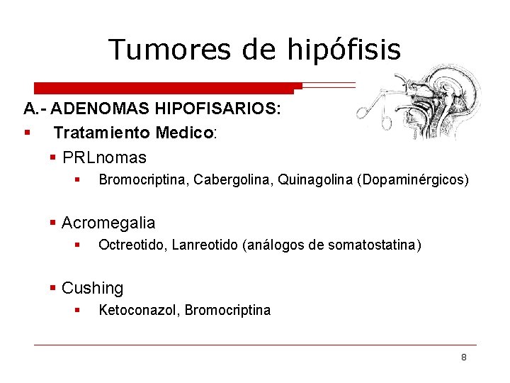 Tumores de hipófisis A. - ADENOMAS HIPOFISARIOS: § Tratamiento Medico: § PRLnomas § Bromocriptina,