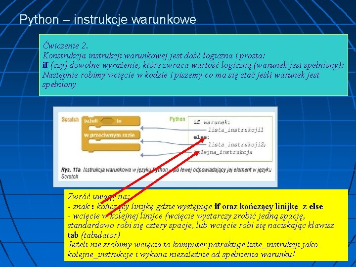 Python – instrukcje warunkowe Ćwiczenie 2. Konstrukcja instrukcji warunkowej jest dość logiczna i prosta: