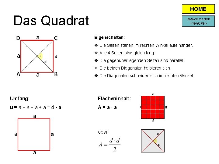 HOME Das Quadrat zurück zu den Vierecken Eigenschaften: v Die Seiten stehen im rechten