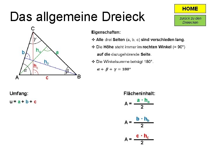 Das allgemeine Dreieck C b ha hc A Umfang: u=a+b+c a hb c B