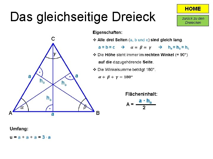 Das gleichseitige Dreieck C a a ha ha Flächeninhalt: ha A= A a B