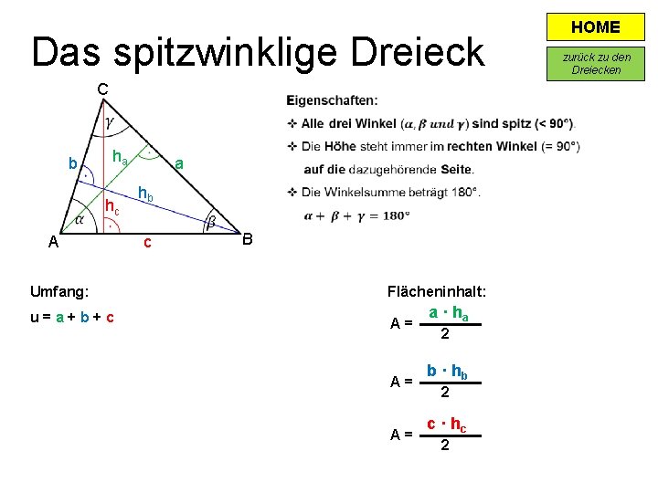 Das spitzwinklige Dreieck C b ha hc A Umfang: u=a+b+c a hb c B