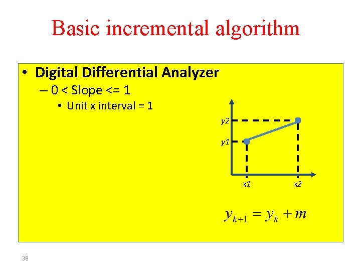 Basic incremental algorithm • Digital Differential Analyzer – 0 < Slope <= 1 •