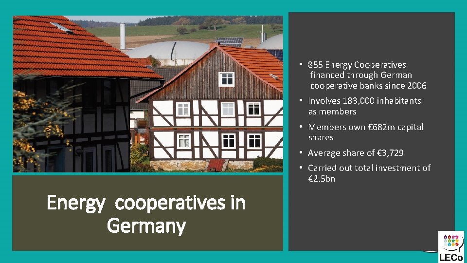  • 855 Energy Cooperatives financed through German cooperative banks since 2006 • Involves