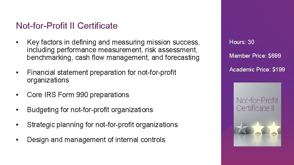 Not-for-Profit II Certificate • Key factors in defining and measuring mission success, including performance