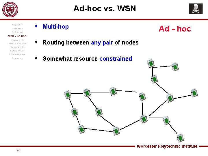 Ad-hoc vs. WSN Biographies Introduction • Multi-hop • Routing between any pair of nodes