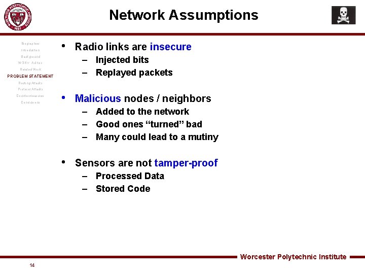 Network Assumptions Biographies Introduction • Background Radio links are insecure – Injected bits –