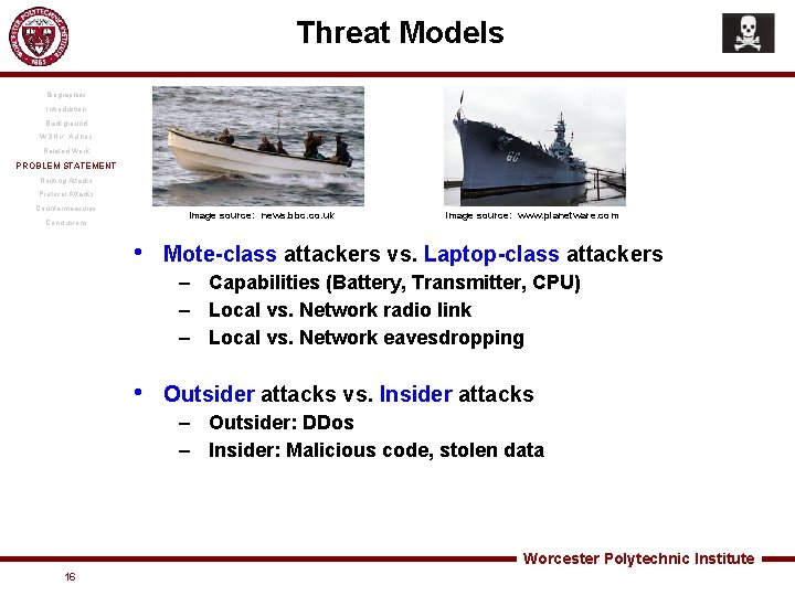 Threat Models Biographies Introduction Background WSN v. Ad hoc Related Work PROBLEM STATEMENT Routing