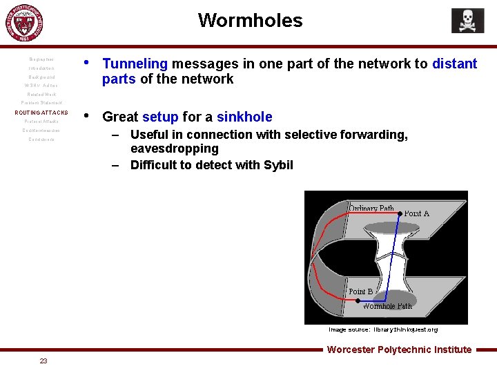 Wormholes Biographies Introduction • Tunneling messages in one part of the network to distant