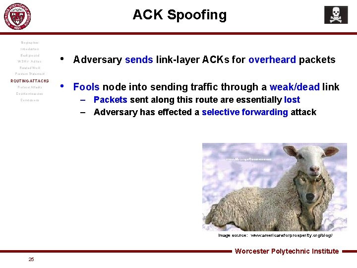 ACK Spoofing Biographies Introduction Background WSN v. Ad hoc • Adversary sends link-layer ACKs