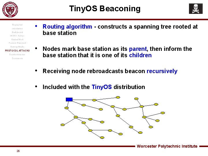 Tiny. OS Beaconing Biographies Introduction • Routing algorithm - constructs a spanning tree rooted
