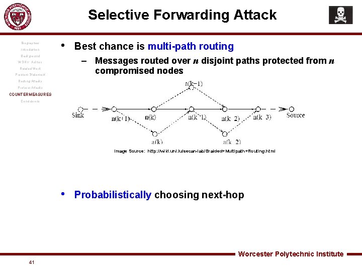 Selective Forwarding Attack Biographies Introduction • Background WSN v. Ad hoc Best chance is