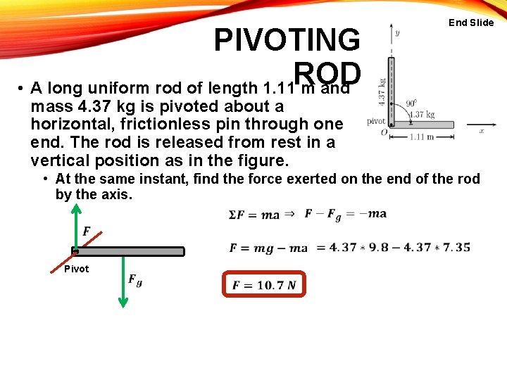 PIVOTING ROD • A long uniform rod of length 1. 11 m and End