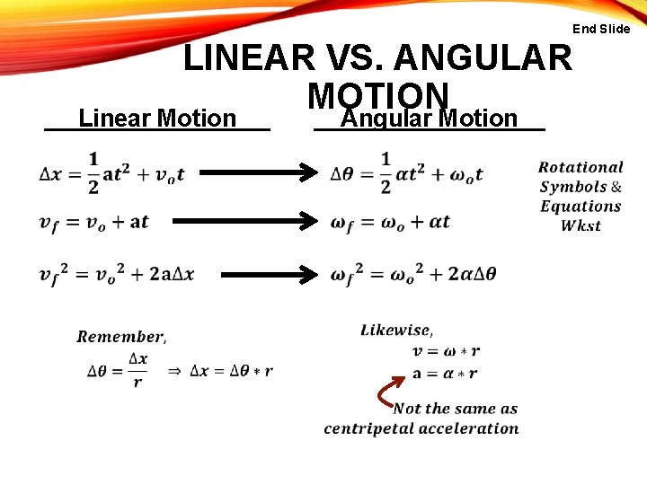 End Slide LINEAR VS. ANGULAR MOTION Linear Motion • . Angular Motion • .