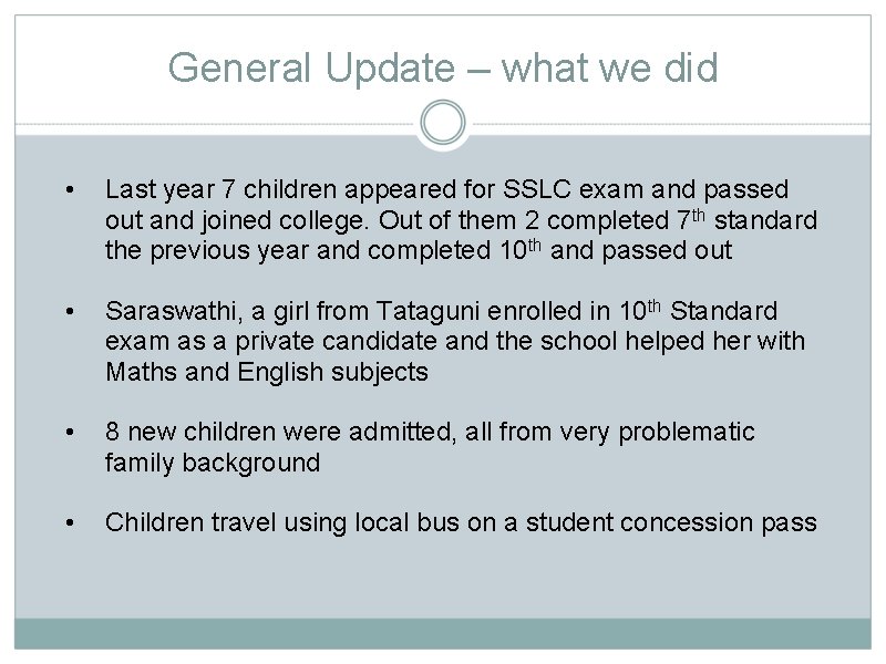General Update – what we did • Last year 7 children appeared for SSLC