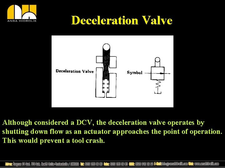 Deceleration Valve Although considered a DCV, the deceleration valve operates by shutting down flow