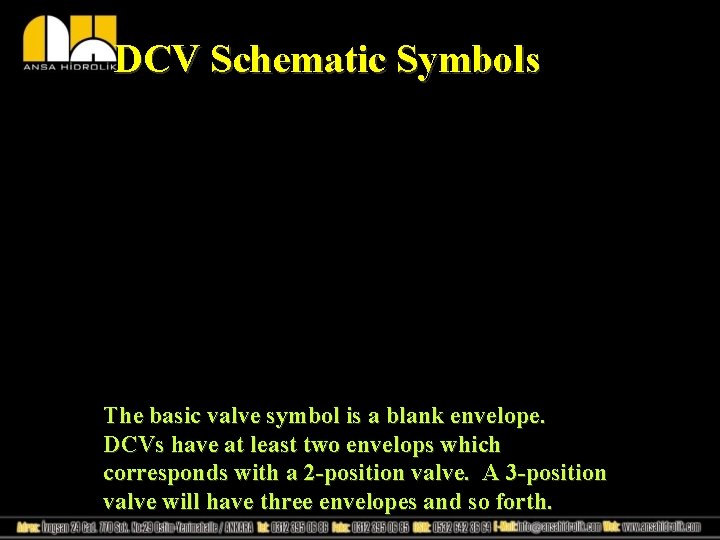 DCV Schematic Symbols The basic valve symbol is a blank envelope. DCVs have at
