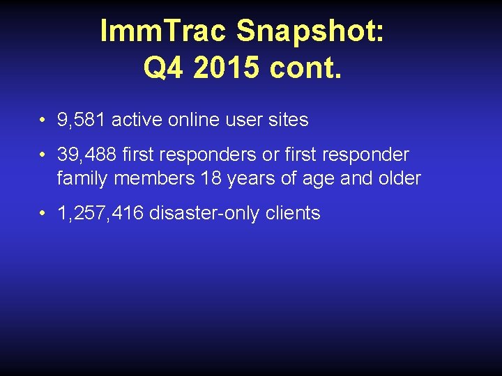 Imm. Trac Snapshot: Q 4 2015 cont. • 9, 581 active online user sites