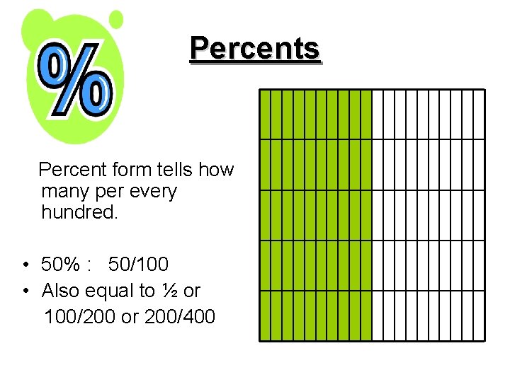 Percents Percent form tells how many per every hundred. • 50% : 50/100 •
