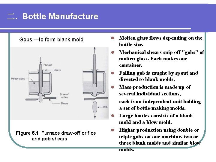 二. Bottle Manufacture Gobs ---to form blank mold l l l Figure 6. 1 二. Bottle Manufacture Gobs ---to form blank mold l l l Figure 6. 1