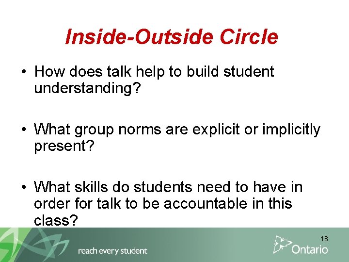 Inside-Outside Circle • How does talk help to build student understanding? • What group
