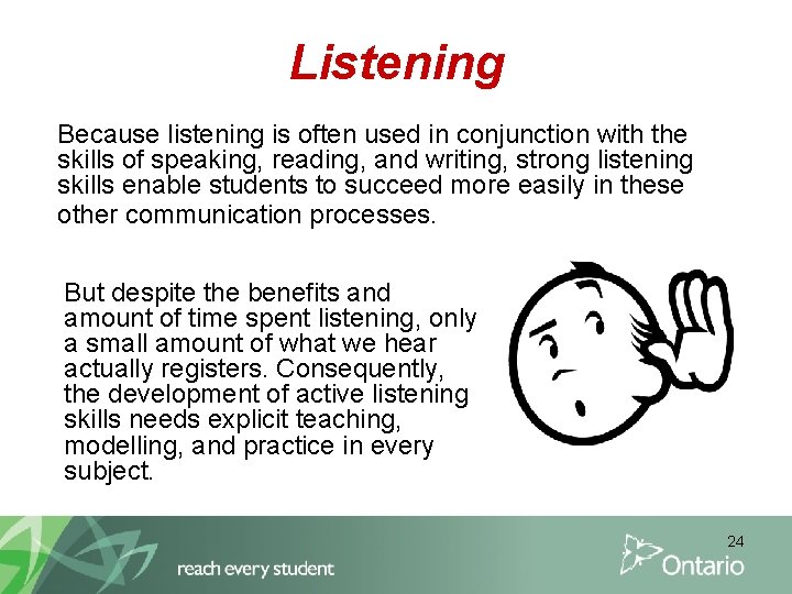 Listening Because listening is often used in conjunction with the skills of speaking, reading,