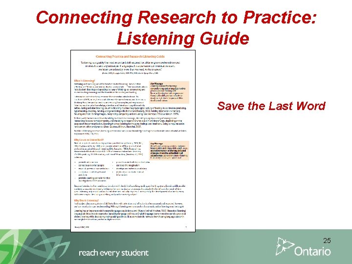 Connecting Research to Practice: Listening Guide Save the Last Word 25 