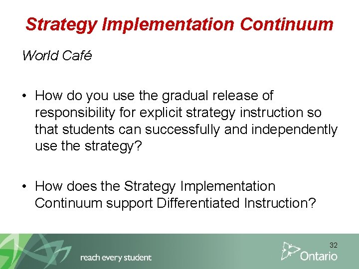 Strategy Implementation Continuum World Café • How do you use the gradual release of