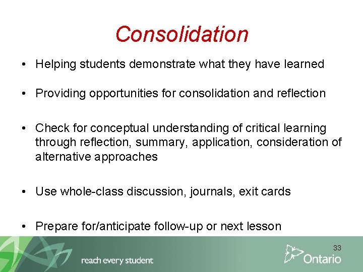 Consolidation • Helping students demonstrate what they have learned • Providing opportunities for consolidation