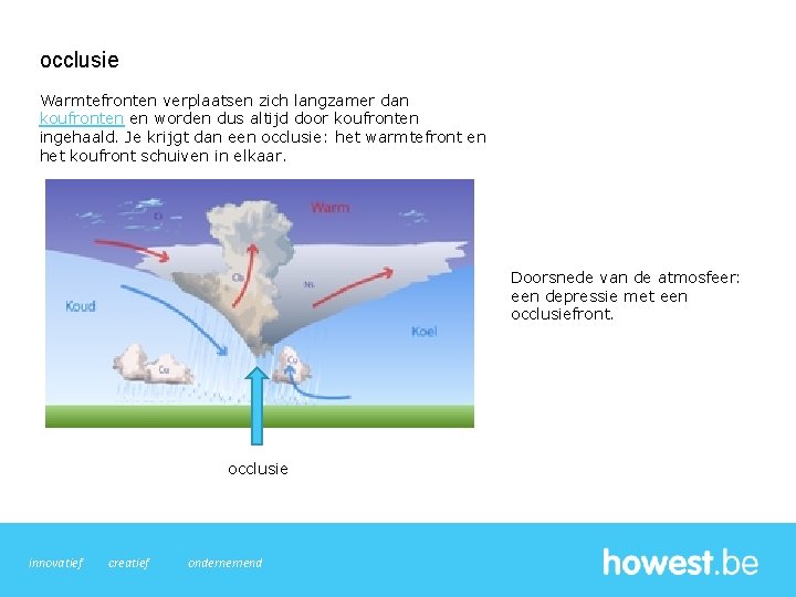 occlusie Warmtefronten verplaatsen zich langzamer dan koufronten en worden dus altijd door koufronten ingehaald.