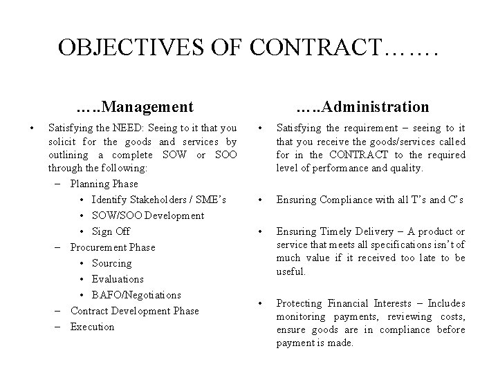 OBJECTIVES OF CONTRACT……. …. . Management • Satisfying the NEED: Seeing to it that