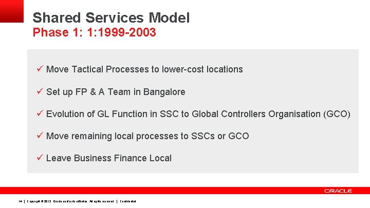 Shared Services Model Phase 1: 1: 1999 -2003 ü Move Tactical Processes to lower-cost