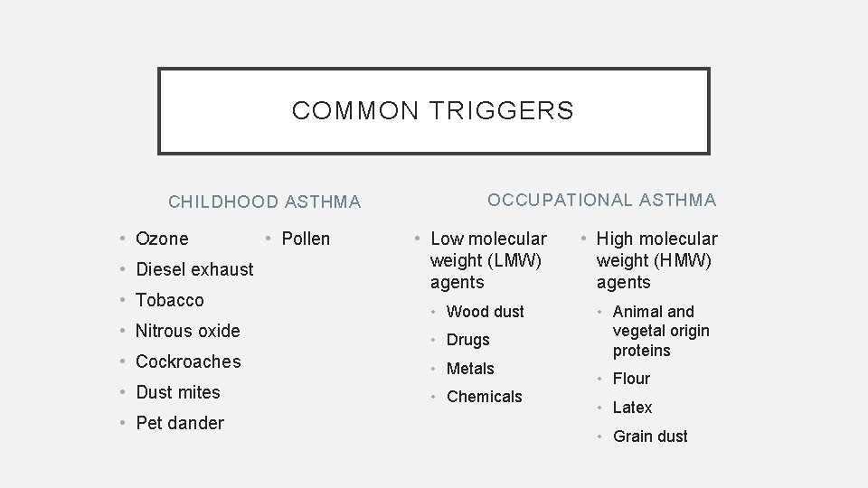 COMMON TRIGGERS CHILDHOOD ASTHMA • Ozone • Diesel exhaust • Tobacco • Nitrous oxide