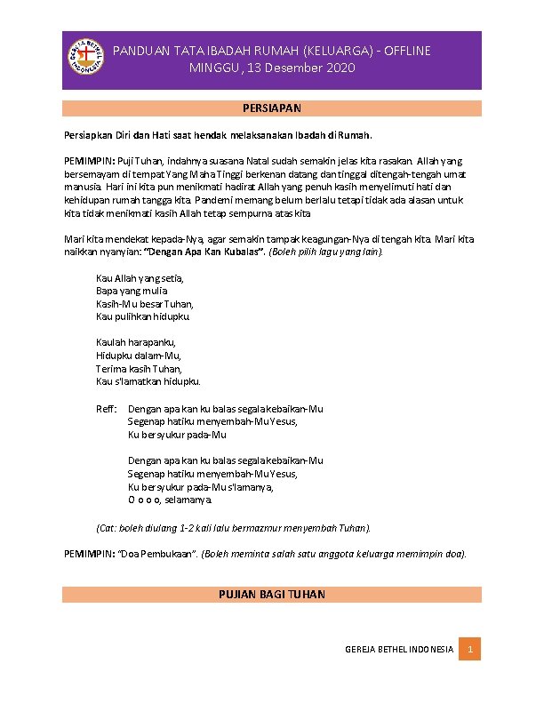 PANDUAN TATA IBADAH RUMAH (KELUARGA) - OFFLINE MINGGU, 13 Desember 2020 PERSIAPAN Persiapkan Diri