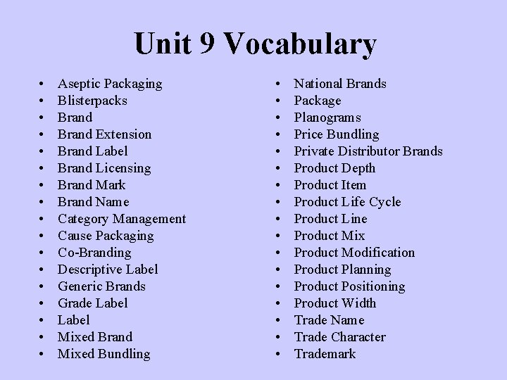 Unit 9 Vocabulary • • • • • Aseptic Packaging Blisterpacks Brand Extension Brand