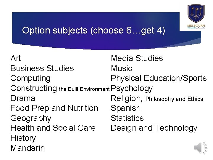 Option subjects (choose 6…get 4) Media Studies Art Music Business Studies Physical Education/Sports Computing
