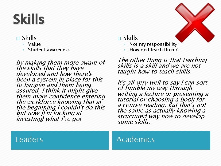 Skills � Skills ◦ Value ◦ Student awareness � Skills ◦ Not my responsibility