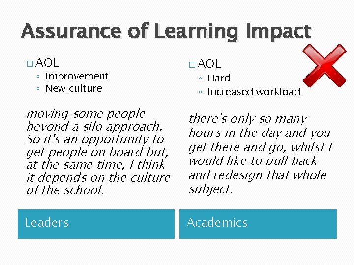 Assurance of Learning Impact � AOL moving some people beyond a silo approach. So