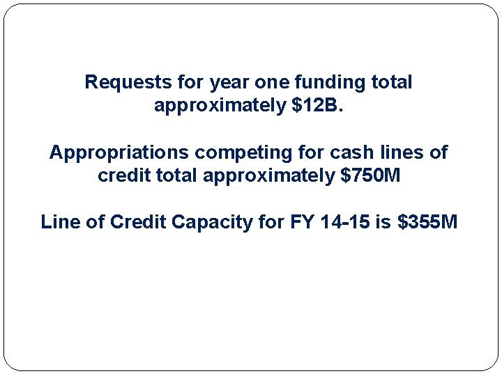 Requests for year one funding total approximately $12 B. Appropriations competing for cash lines