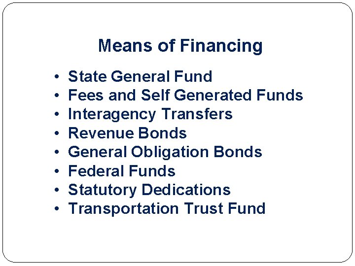 Means of Financing • • State General Fund Fees and Self Generated Funds Interagency